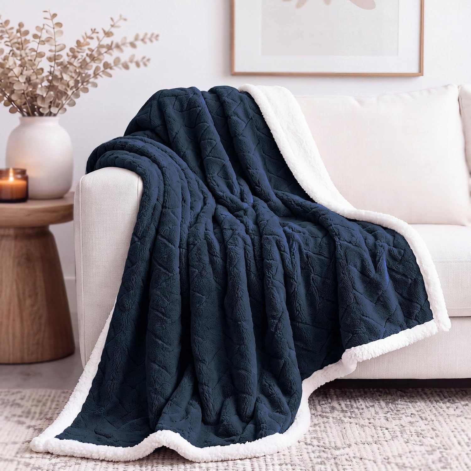 image:imageSUPERIOR Fleece Reversible Lattice Blanket Decorative Blankets for Bedroom Sofa Fuzzy Plush Fluffy Soft Cute Room Decor Beautiful Cover Comfort Essentials Nuuk Collection FullQueen RustNavy Blue