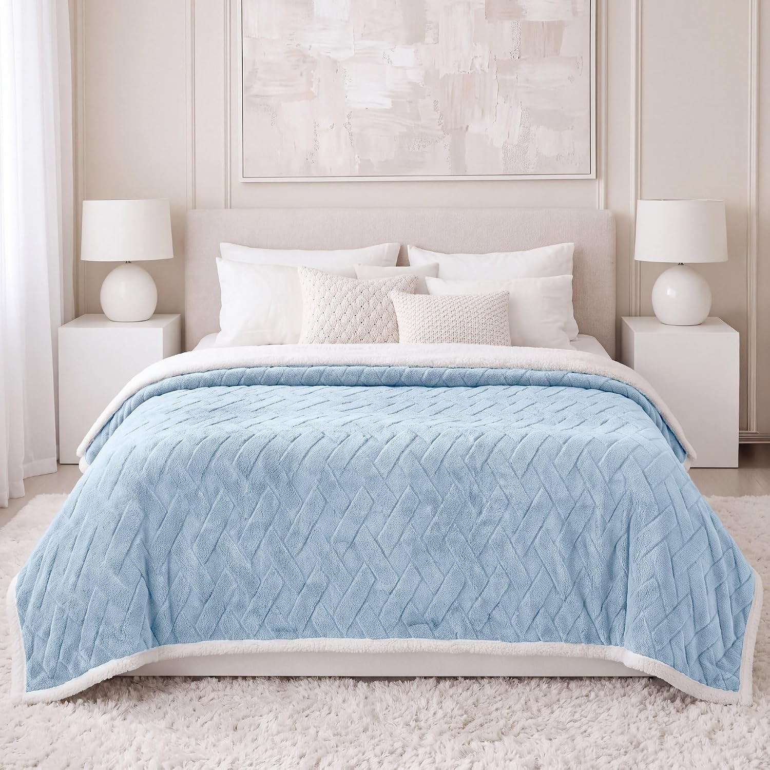 image:imageSUPERIOR Fleece Reversible Lattice Blanket Decorative Blankets for Bedroom Sofa Fuzzy Plush Fluffy Soft Cute Room Decor Beautiful Cover Comfort Essentials Nuuk Collection FullQueen RustLight Blue