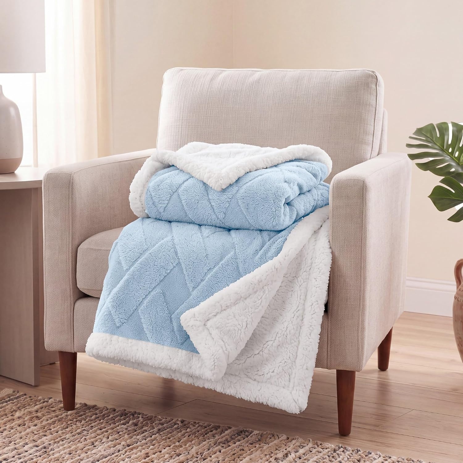image:imageSUPERIOR Fleece Reversible Lattice Blanket Decorative Blankets for Bedroom Sofa Fuzzy Plush Fluffy Soft Cute Room Decor Beautiful Cover Comfort Essentials Nuuk Collection FullQueen RustLight Blue