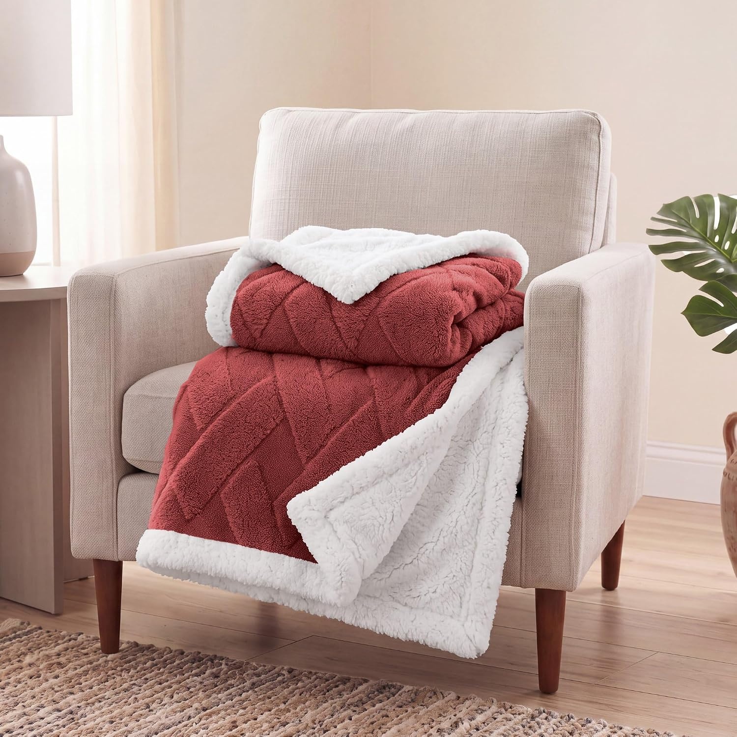 image:imageSUPERIOR Fleece Reversible Lattice Blanket Decorative Blankets for Bedroom Sofa Fuzzy Plush Fluffy Soft Cute Room Decor Beautiful Cover Comfort Essentials Nuuk Collection FullQueen RustPoppy Red