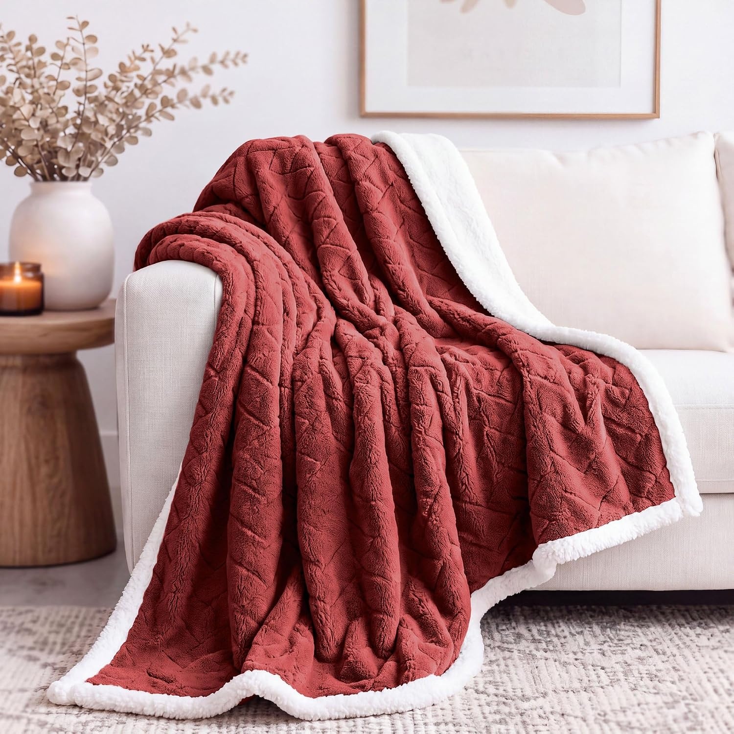 image:imageSUPERIOR Fleece Reversible Lattice Blanket Decorative Blankets for Bedroom Sofa Fuzzy Plush Fluffy Soft Cute Room Decor Beautiful Cover Comfort Essentials Nuuk Collection FullQueen RustPoppy Red