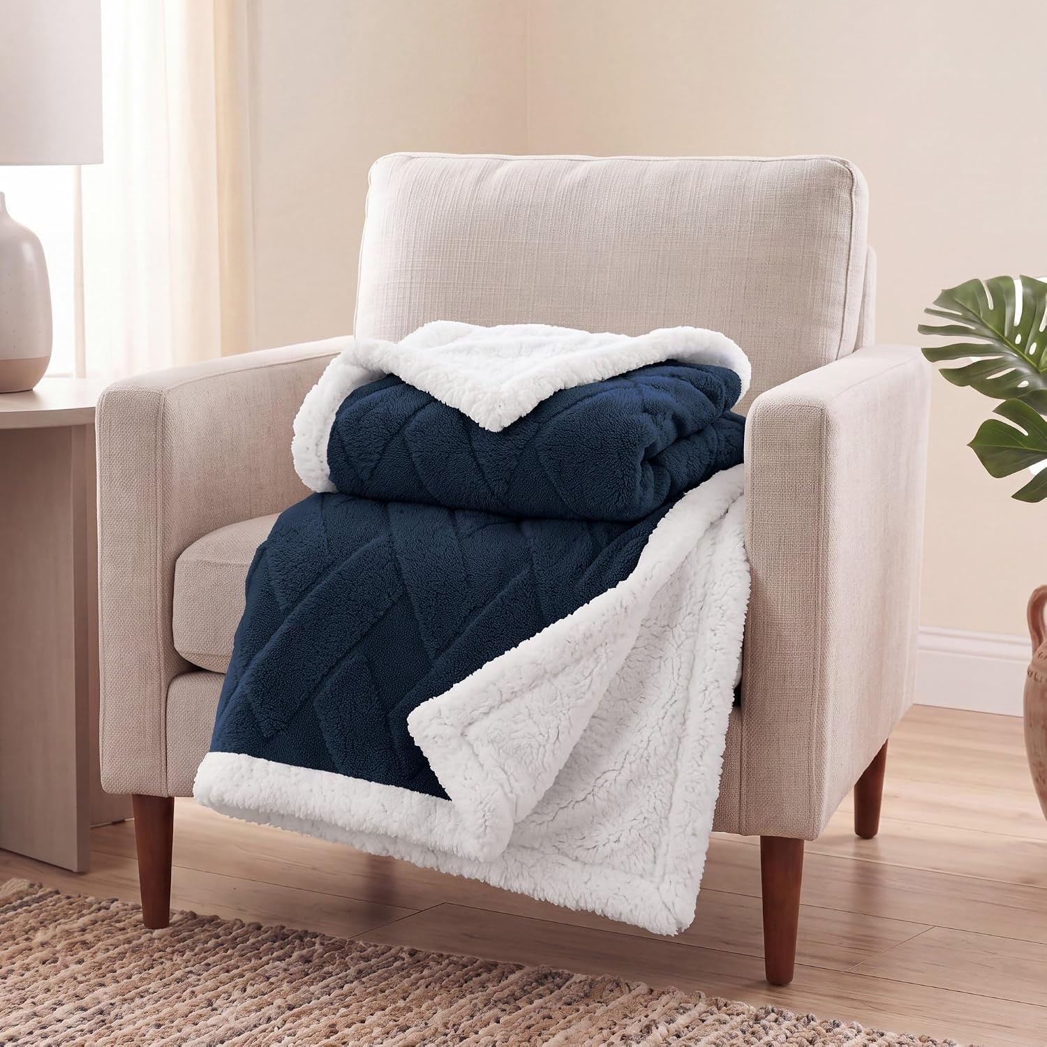 image:imageSUPERIOR Fleece Reversible Lattice Blanket Decorative Blankets for Bedroom Sofa Fuzzy Plush Fluffy Soft Cute Room Decor Beautiful Cover Comfort Essentials Nuuk Collection FullQueen RustNavy Blue