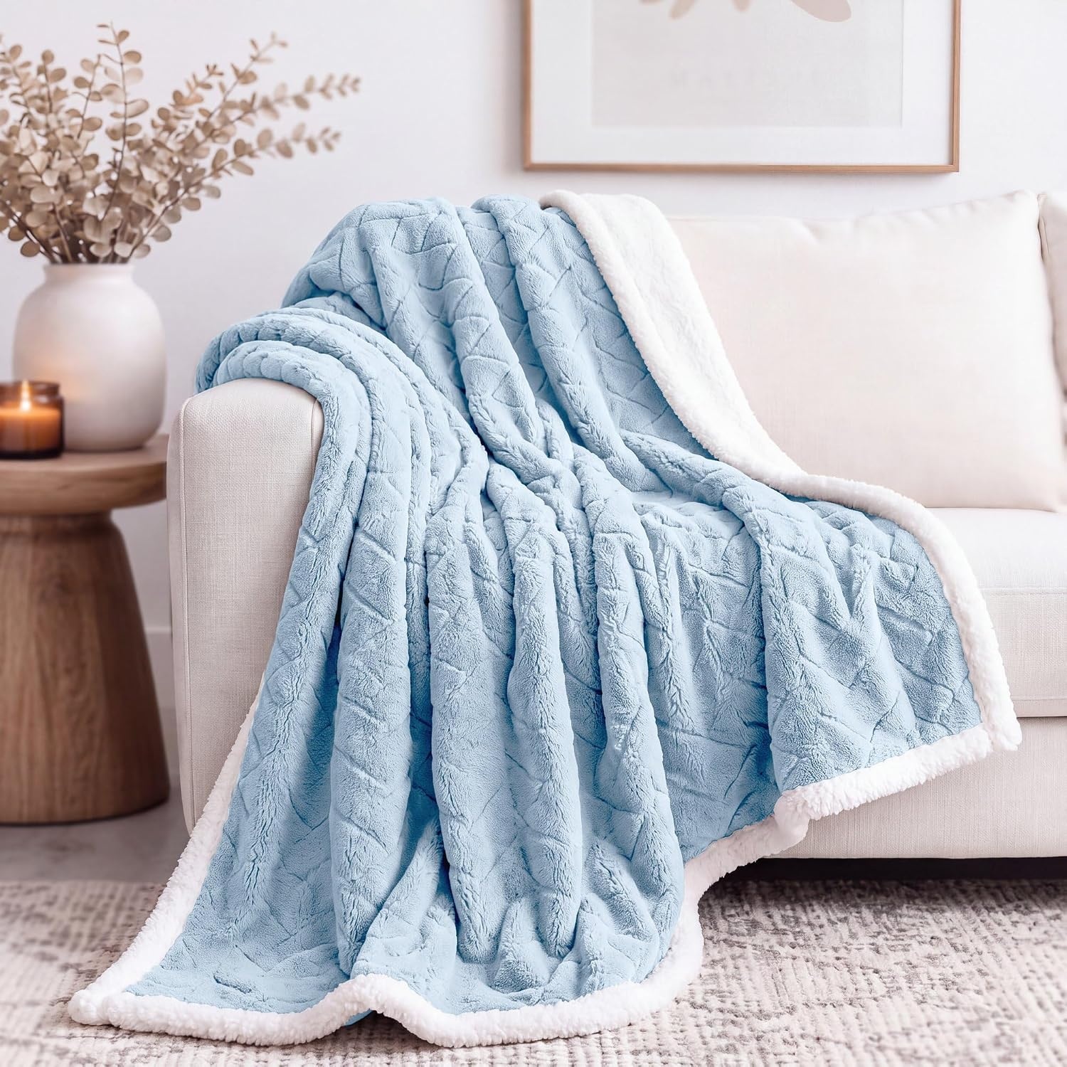 image:imageSUPERIOR Fleece Reversible Lattice Blanket Decorative Blankets for Bedroom Sofa Fuzzy Plush Fluffy Soft Cute Room Decor Beautiful Cover Comfort Essentials Nuuk Collection FullQueen RustLight Blue