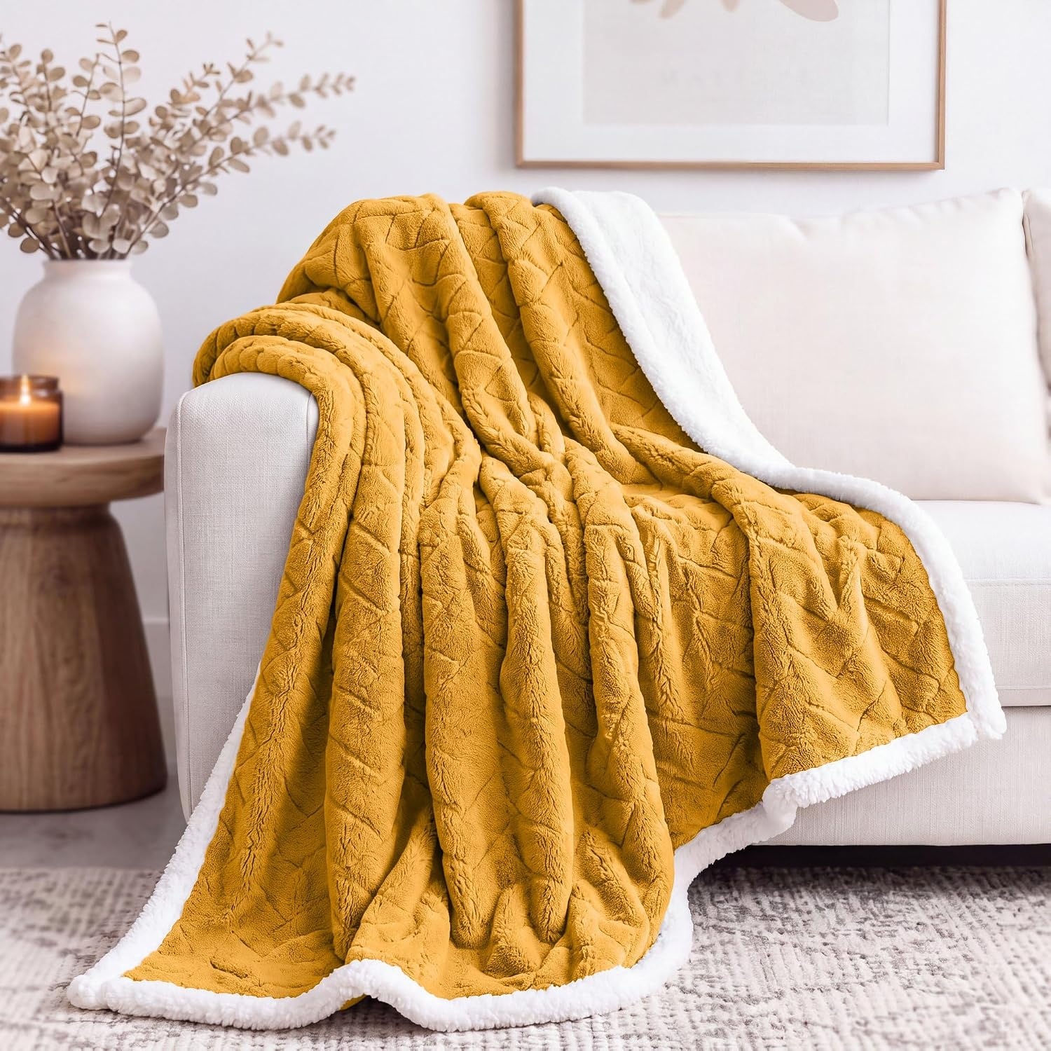 image:imageSUPERIOR Fleece Reversible Lattice Blanket Decorative Blankets for Bedroom Sofa Fuzzy Plush Fluffy Soft Cute Room Decor Beautiful Cover Comfort Essentials Nuuk Collection FullQueen RustGold