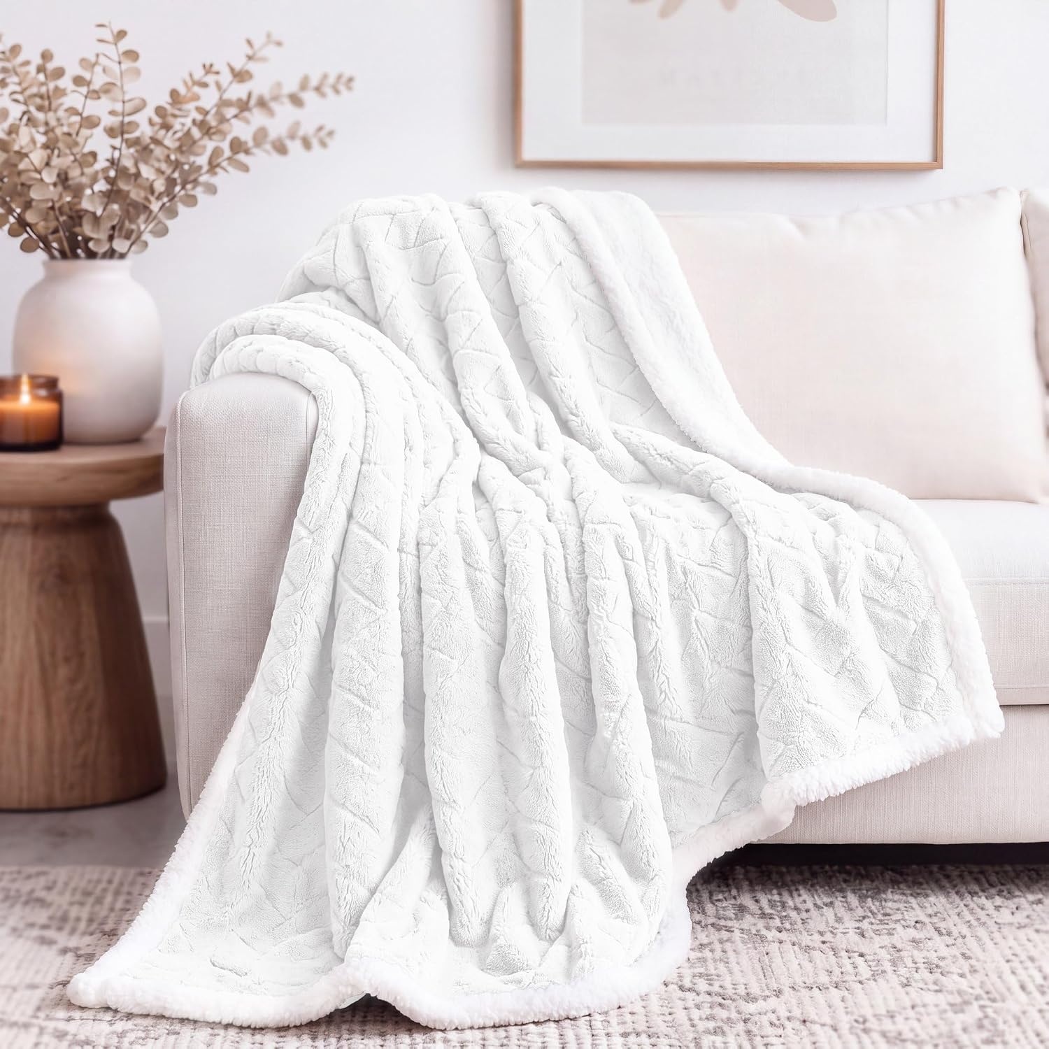 image:imageSUPERIOR Fleece Reversible Lattice Blanket Decorative Blankets for Bedroom Sofa Fuzzy Plush Fluffy Soft Cute Room Decor Beautiful Cover Comfort Essentials Nuuk Collection FullQueen RustWhite