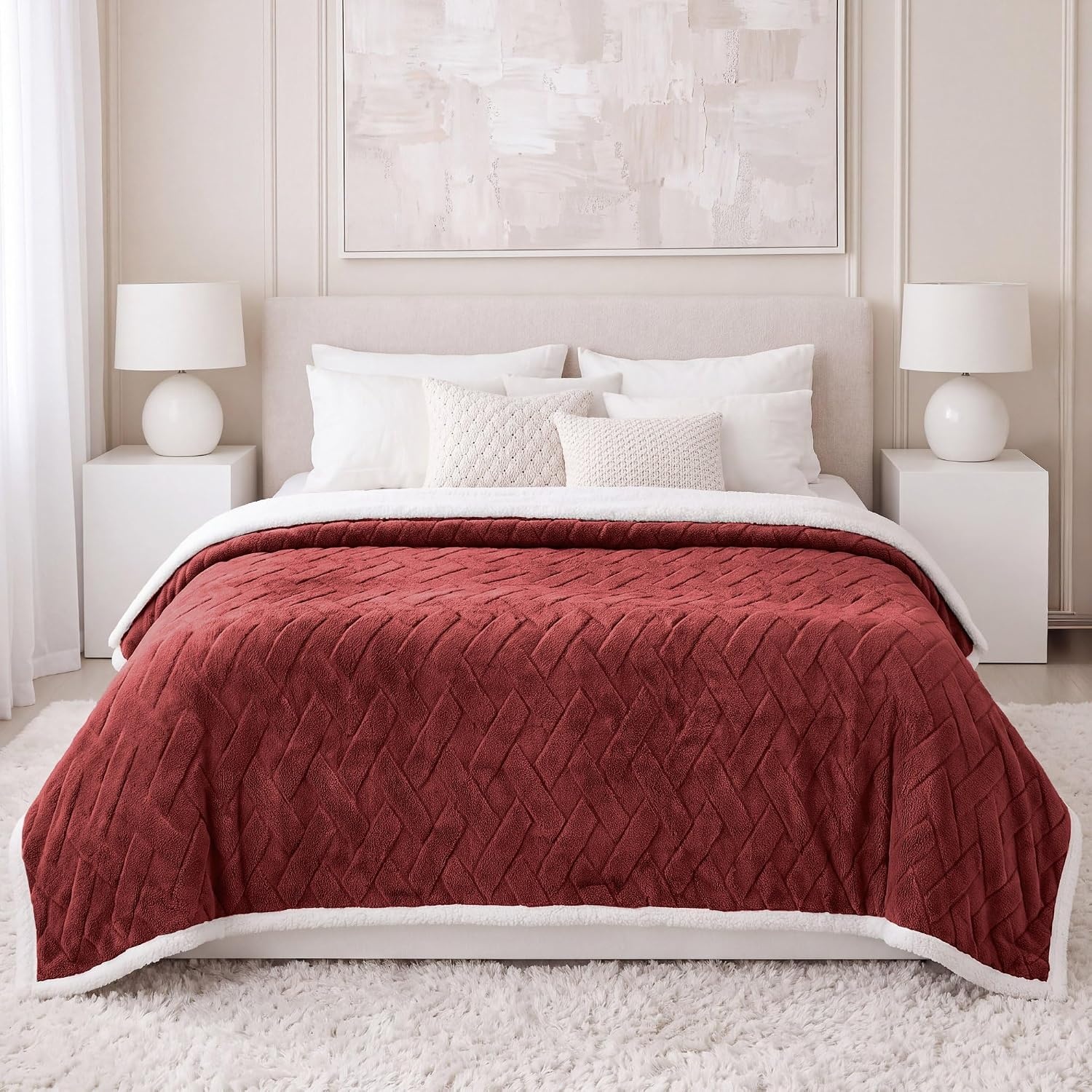image:imageSUPERIOR Fleece Reversible Lattice Blanket Decorative Blankets for Bedroom Sofa Fuzzy Plush Fluffy Soft Cute Room Decor Beautiful Cover Comfort Essentials Nuuk Collection FullQueen RustPoppy Red