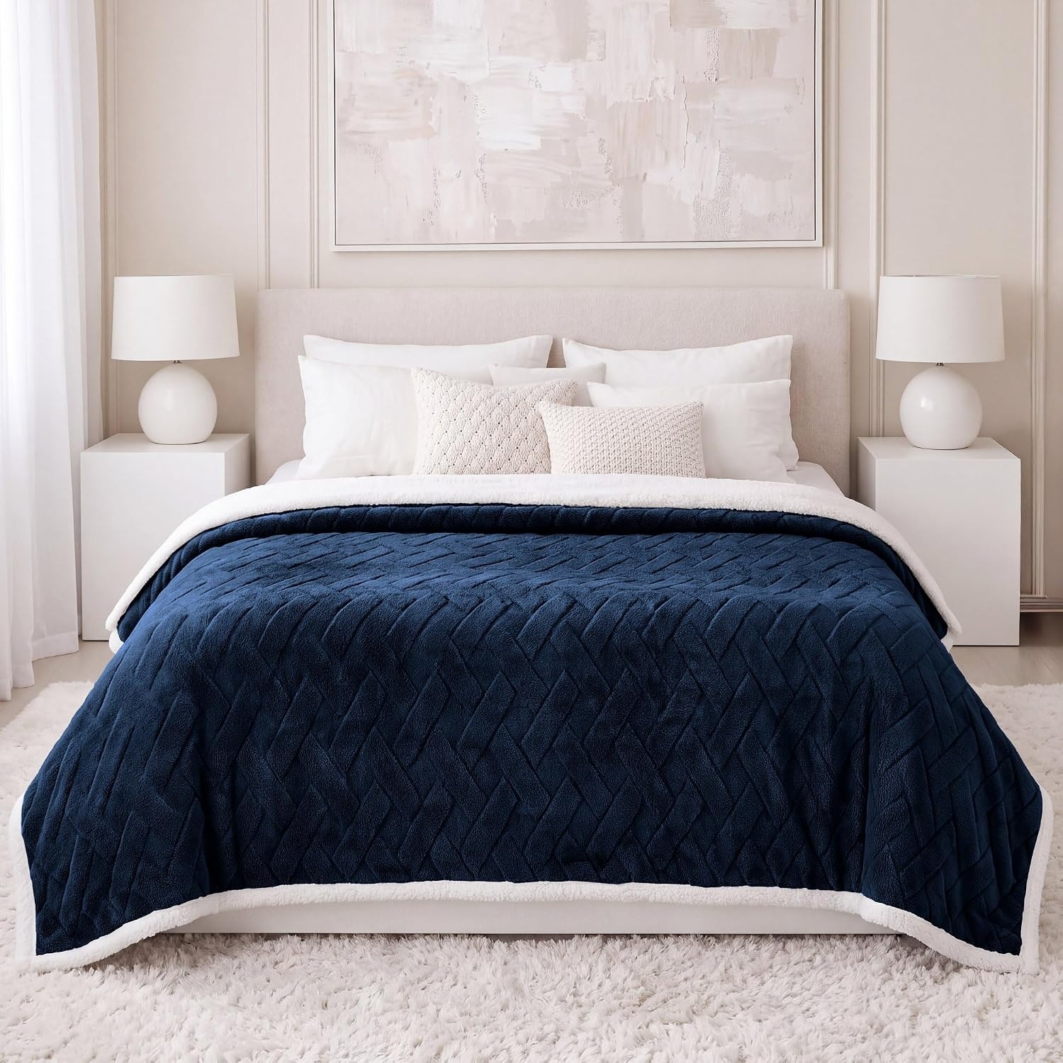 image:imageSUPERIOR Fleece Reversible Lattice Blanket Decorative Blankets for Bedroom Sofa Fuzzy Plush Fluffy Soft Cute Room Decor Beautiful Cover Comfort Essentials Nuuk Collection FullQueen RustNavy Blue