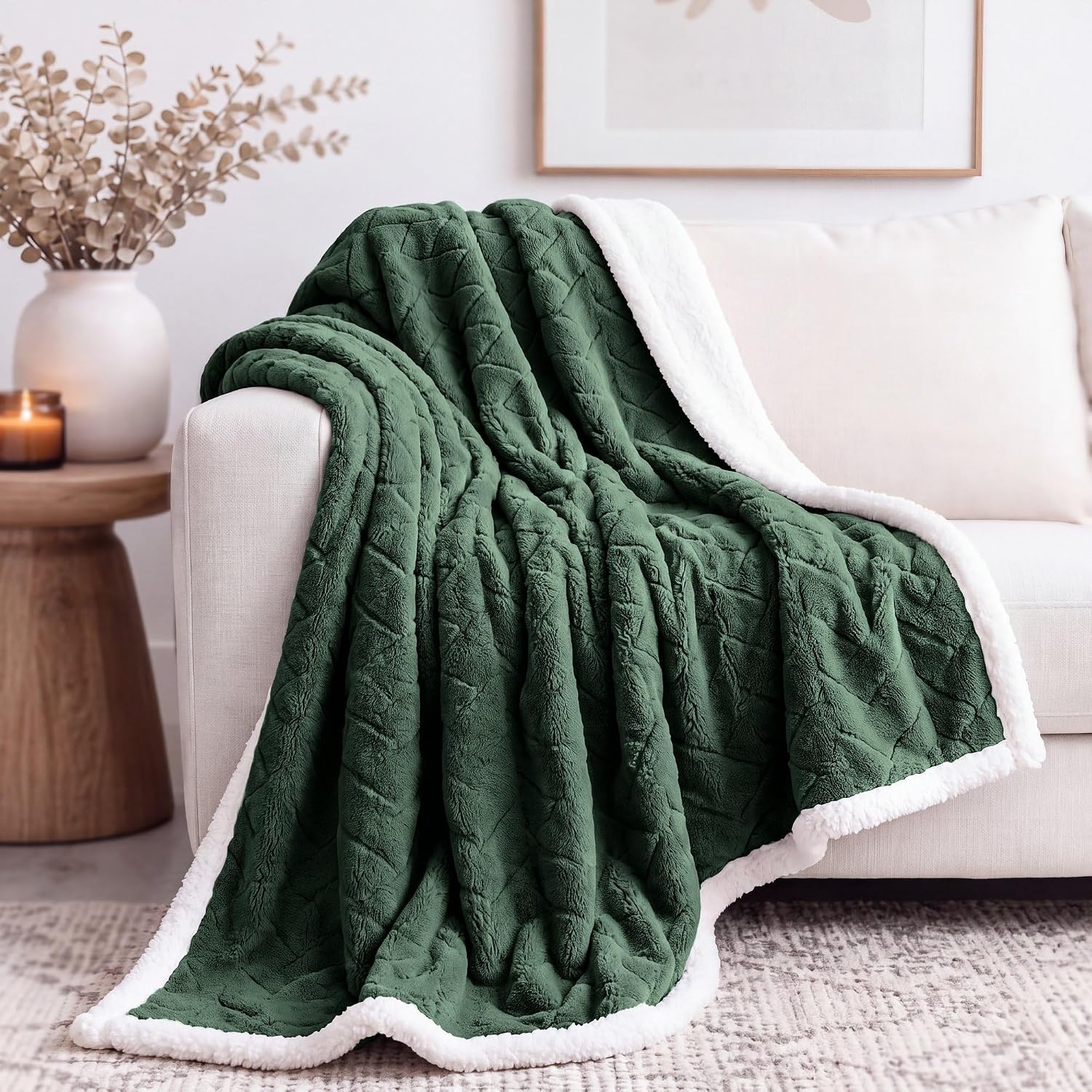 image:imageSUPERIOR Fleece Reversible Lattice Blanket Decorative Blankets for Bedroom Sofa Fuzzy Plush Fluffy Soft Cute Room Decor Beautiful Cover Comfort Essentials Nuuk Collection FullQueen RustGreen