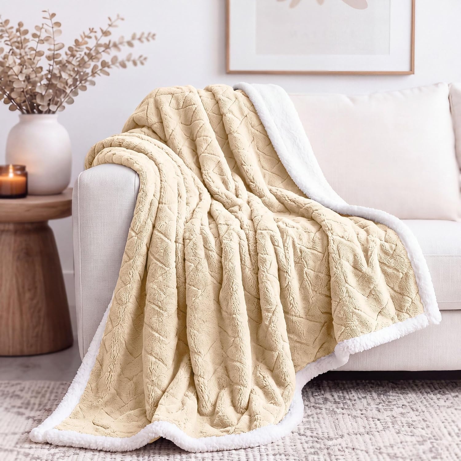 image:imageSUPERIOR Fleece Reversible Lattice Blanket Decorative Blankets for Bedroom Sofa Fuzzy Plush Fluffy Soft Cute Room Decor Beautiful Cover Comfort Essentials Nuuk Collection FullQueen RustCream