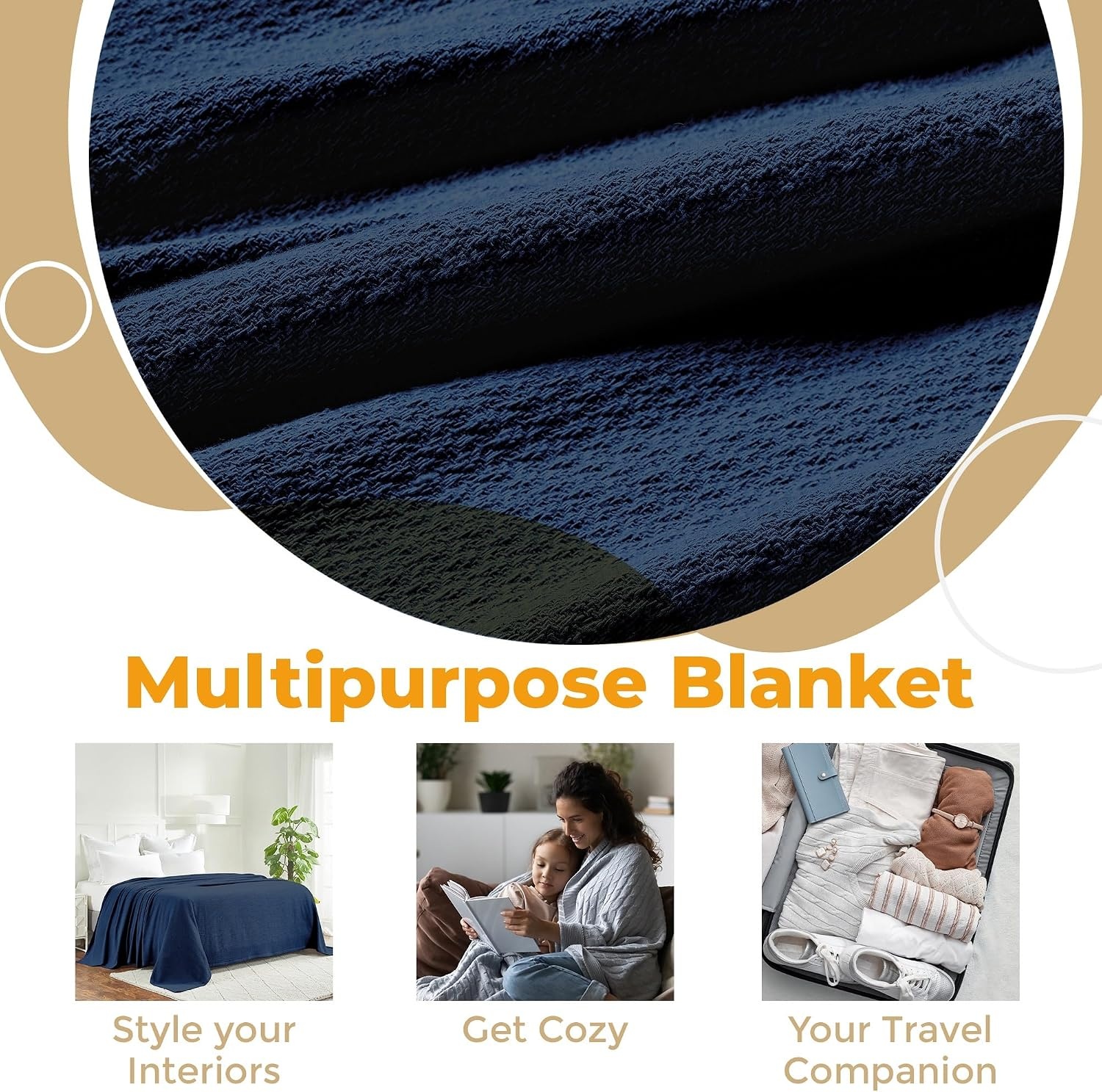 image:imageSuperior Cotton Blanket Lightweight Soft Breathable Comfy Bedding FullQueen TurquoiseNavy Blue Z