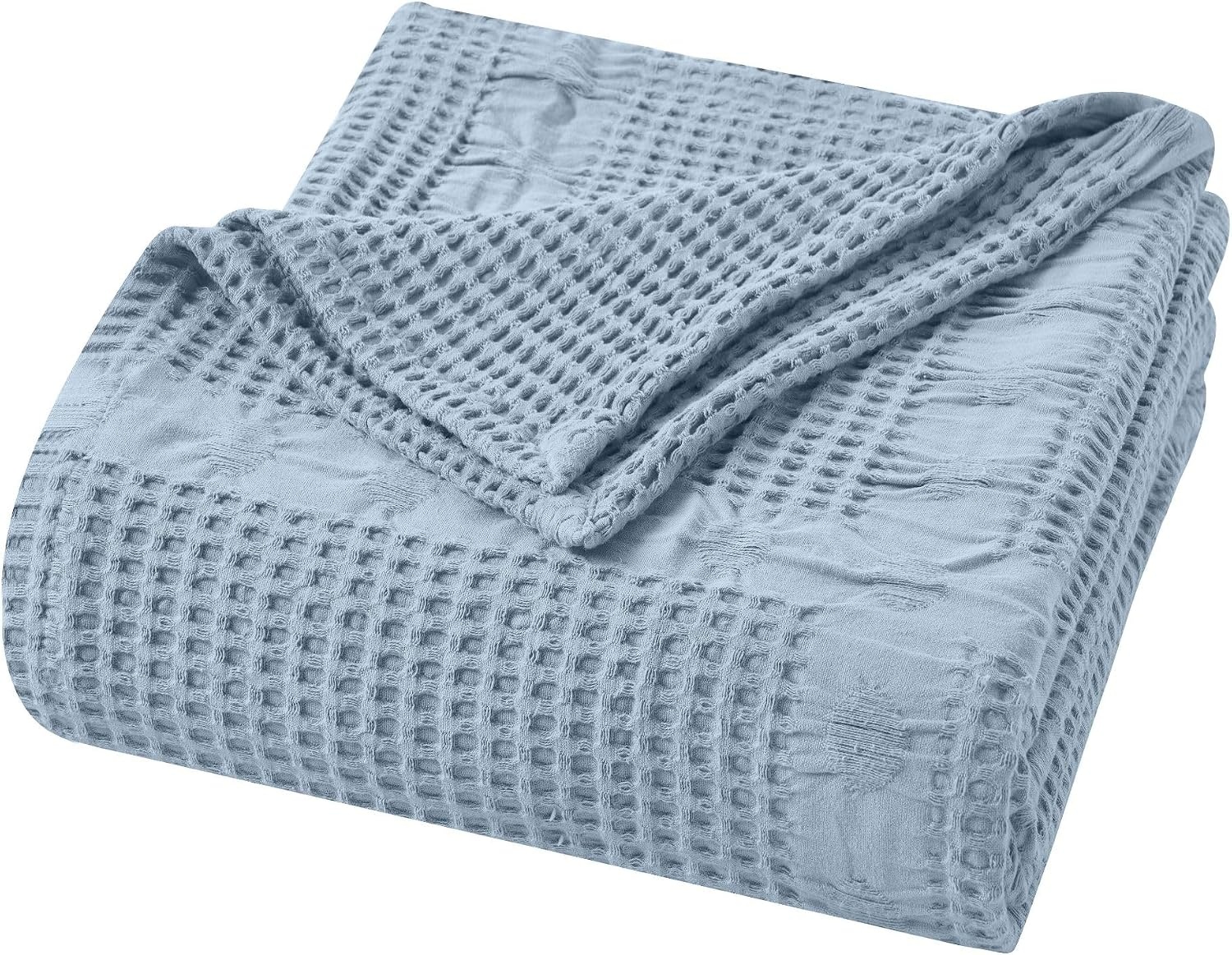 image:imageSUPERIOR Waffle Weave Cotton Blanket Comfy Blanket for Bedroom Decor Picnic Beach Traveling Bedding Essentials Bed Cover Couch Lounging Geometric Design Mai Collection Throw PlatinumLight Blue