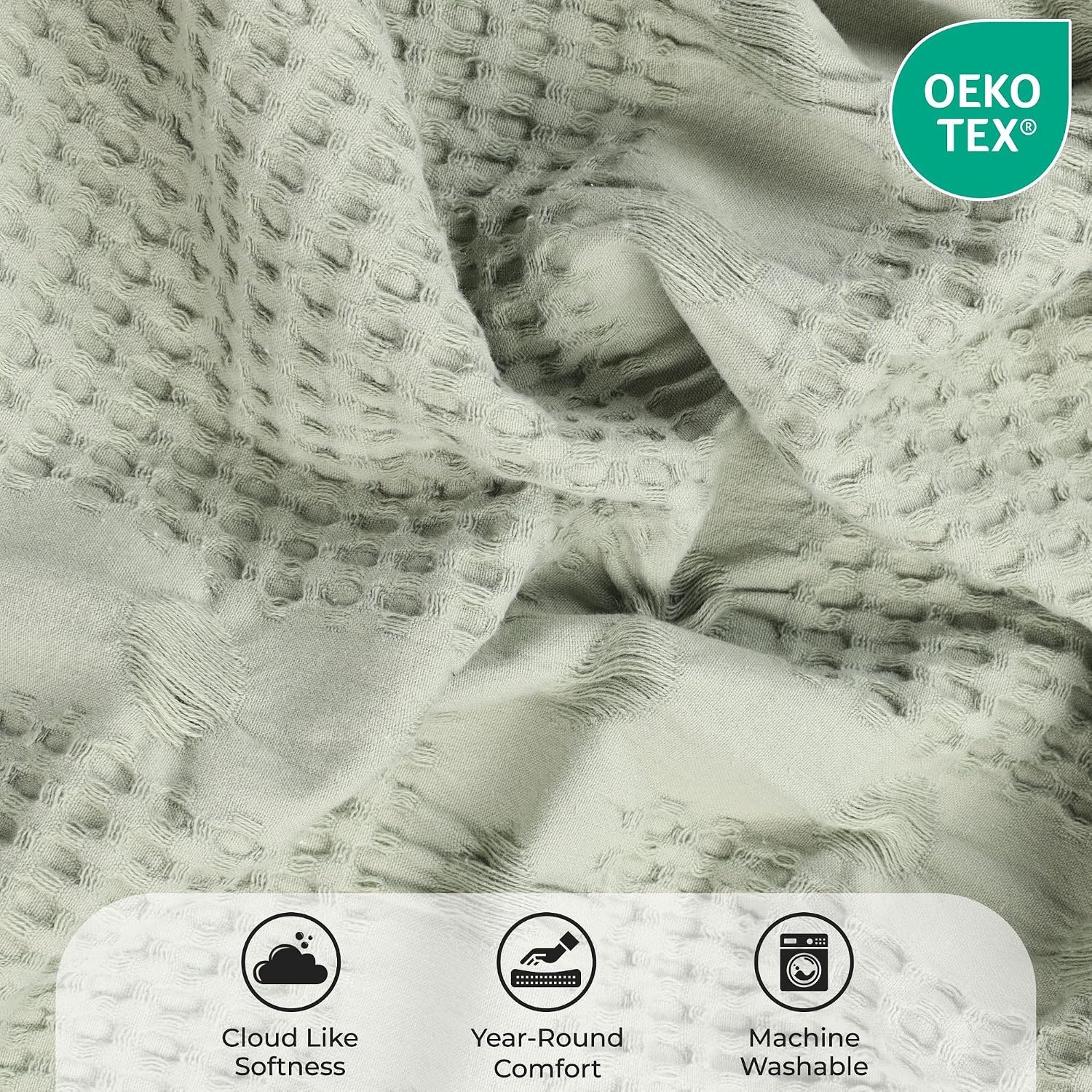 image:imageSUPERIOR Waffle Weave Cotton Blanket Comfy Blanket for Bedroom Decor Picnic Beach Traveling Bedding Essentials Bed Cover Couch Lounging Geometric Design Mai Collection Throw PlatinumSage
