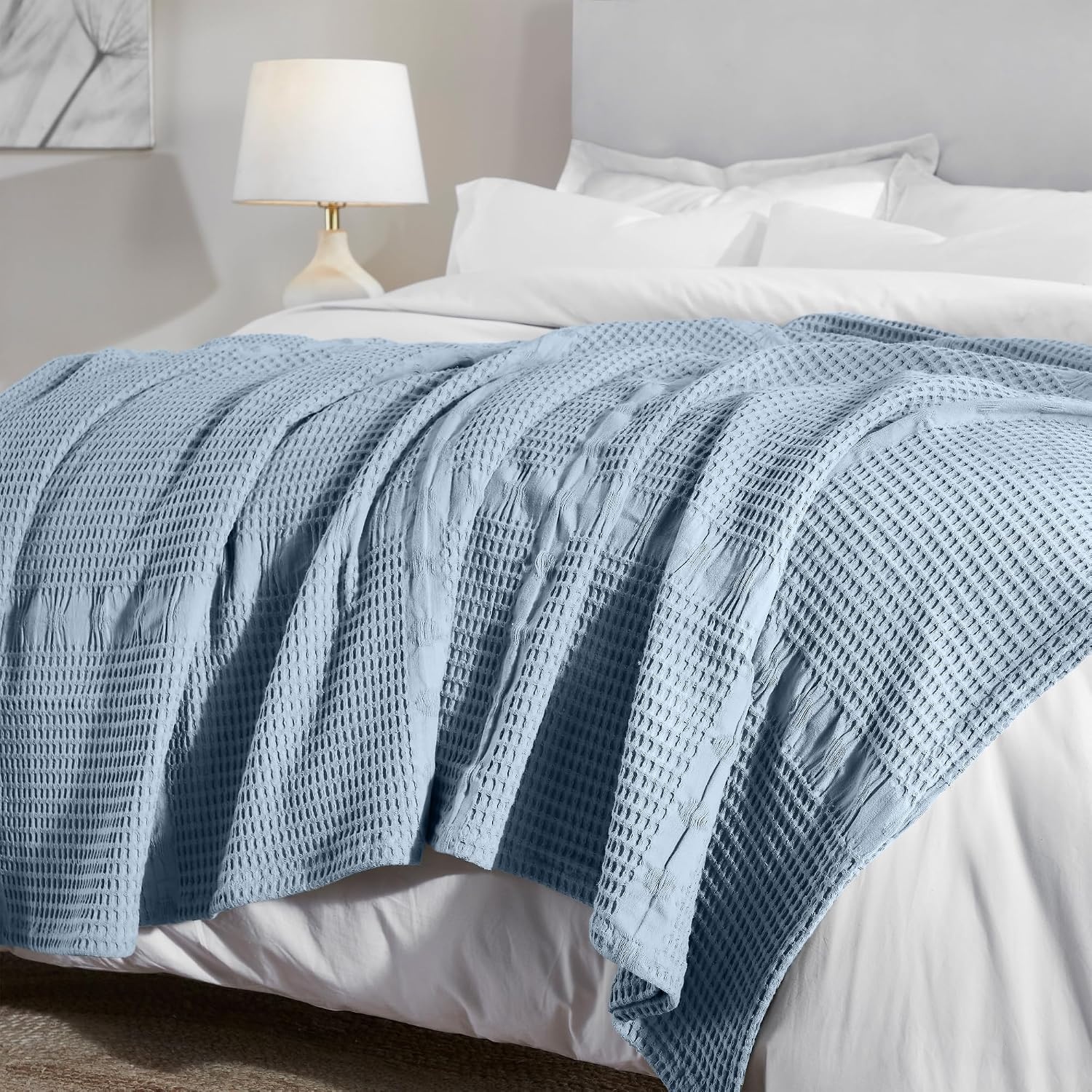 image:imageSUPERIOR Waffle Weave Cotton Blanket Comfy Blanket for Bedroom Decor Picnic Beach Traveling Bedding Essentials Bed Cover Couch Lounging Geometric Design Mai Collection Throw PlatinumLight Blue