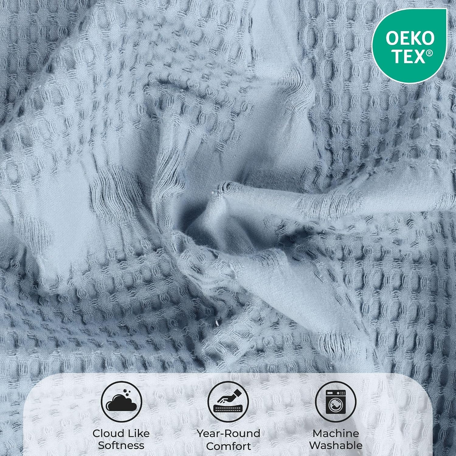 image:imageSUPERIOR Waffle Weave Cotton Blanket Comfy Blanket for Bedroom Decor Picnic Beach Traveling Bedding Essentials Bed Cover Couch Lounging Geometric Design Mai Collection Throw PlatinumLight Blue