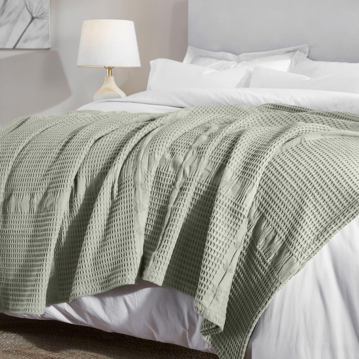 image:imageSUPERIOR Waffle Weave Cotton Blanket Comfy Blanket for Bedroom Decor Picnic Beach Traveling Bedding Essentials Bed Cover Couch Lounging Geometric Design Mai Collection Throw PlatinumSage