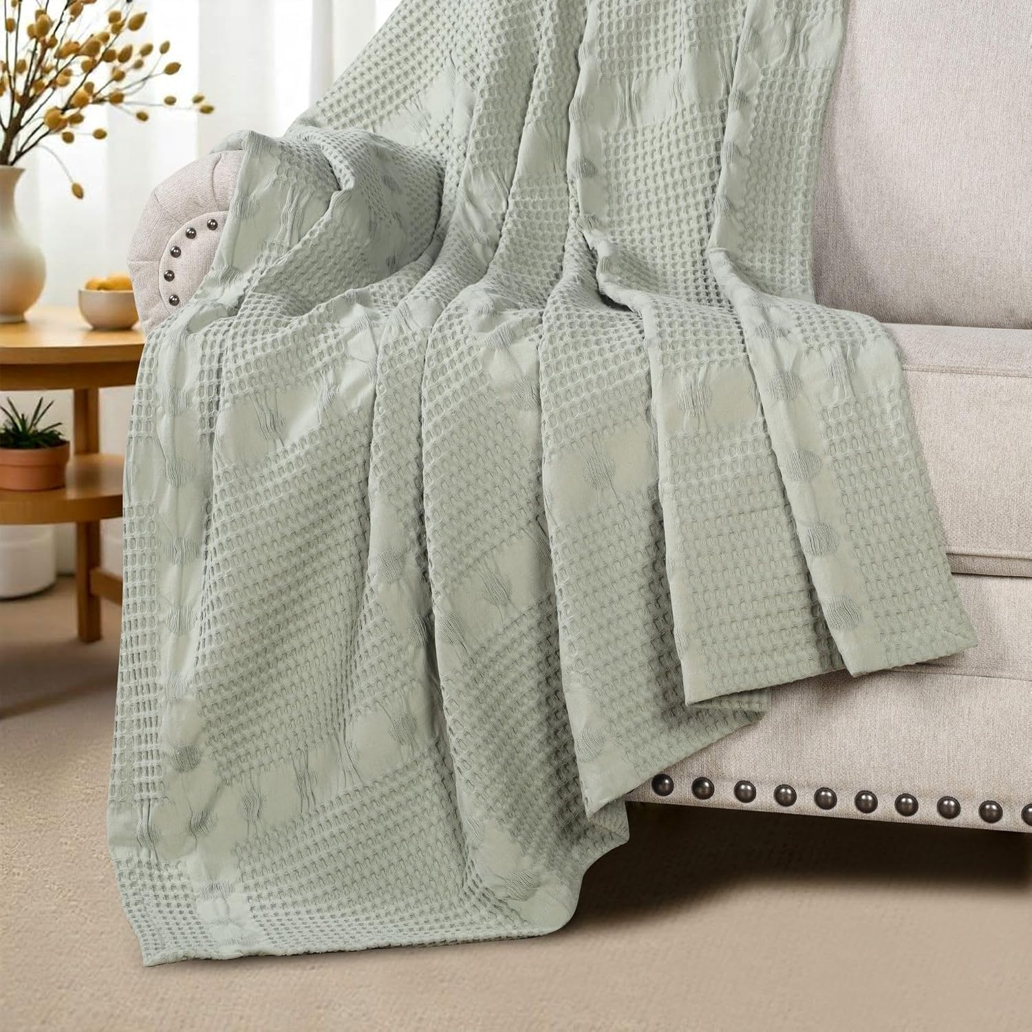 image:imageSUPERIOR Waffle Weave Cotton Blanket Comfy Blanket for Bedroom Decor Picnic Beach Traveling Bedding Essentials Bed Cover Couch Lounging Geometric Design Mai Collection Throw PlatinumSage