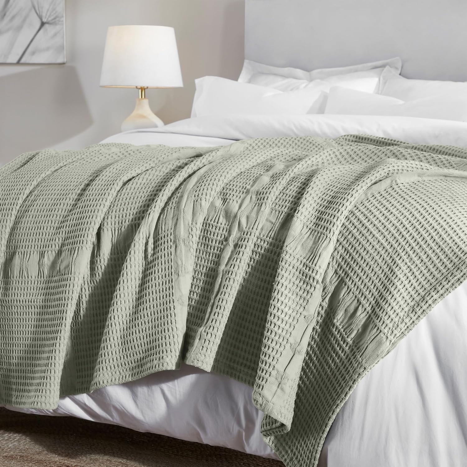 image:imageSUPERIOR Waffle Weave Cotton Blanket Comfy Blanket for Bedroom Decor Picnic Beach Traveling Bedding Essentials Bed Cover Couch Lounging Geometric Design Mai Collection Throw PlatinumSage