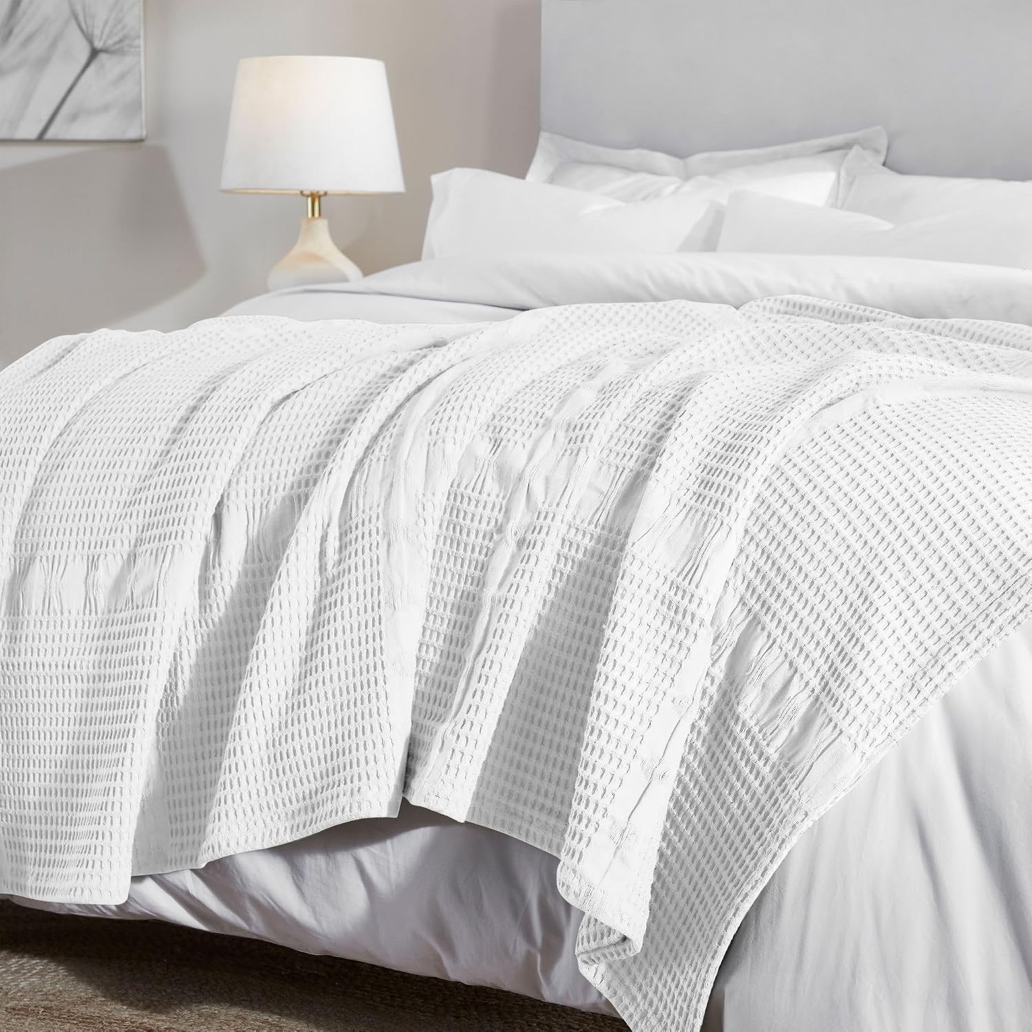 image:imageSUPERIOR Waffle Weave Cotton Blanket Comfy Blanket for Bedroom Decor Picnic Beach Traveling Bedding Essentials Bed Cover Couch Lounging Geometric Design Mai Collection Throw PlatinumWhite