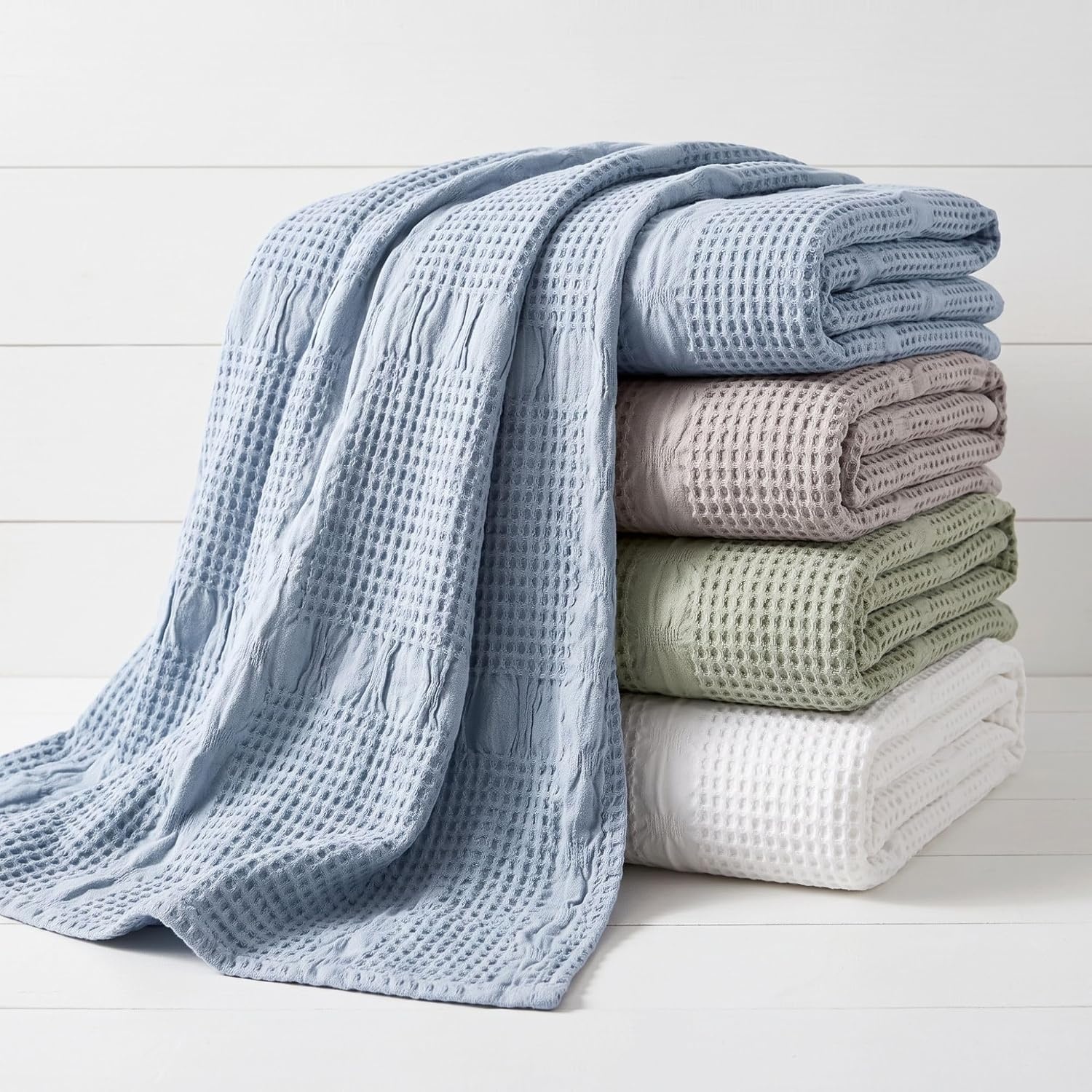 image:imageSUPERIOR Waffle Weave Cotton Blanket Comfy Blanket for Bedroom Decor Picnic Beach Traveling Bedding Essentials Bed Cover Couch Lounging Geometric Design Mai Collection Throw PlatinumWhite
