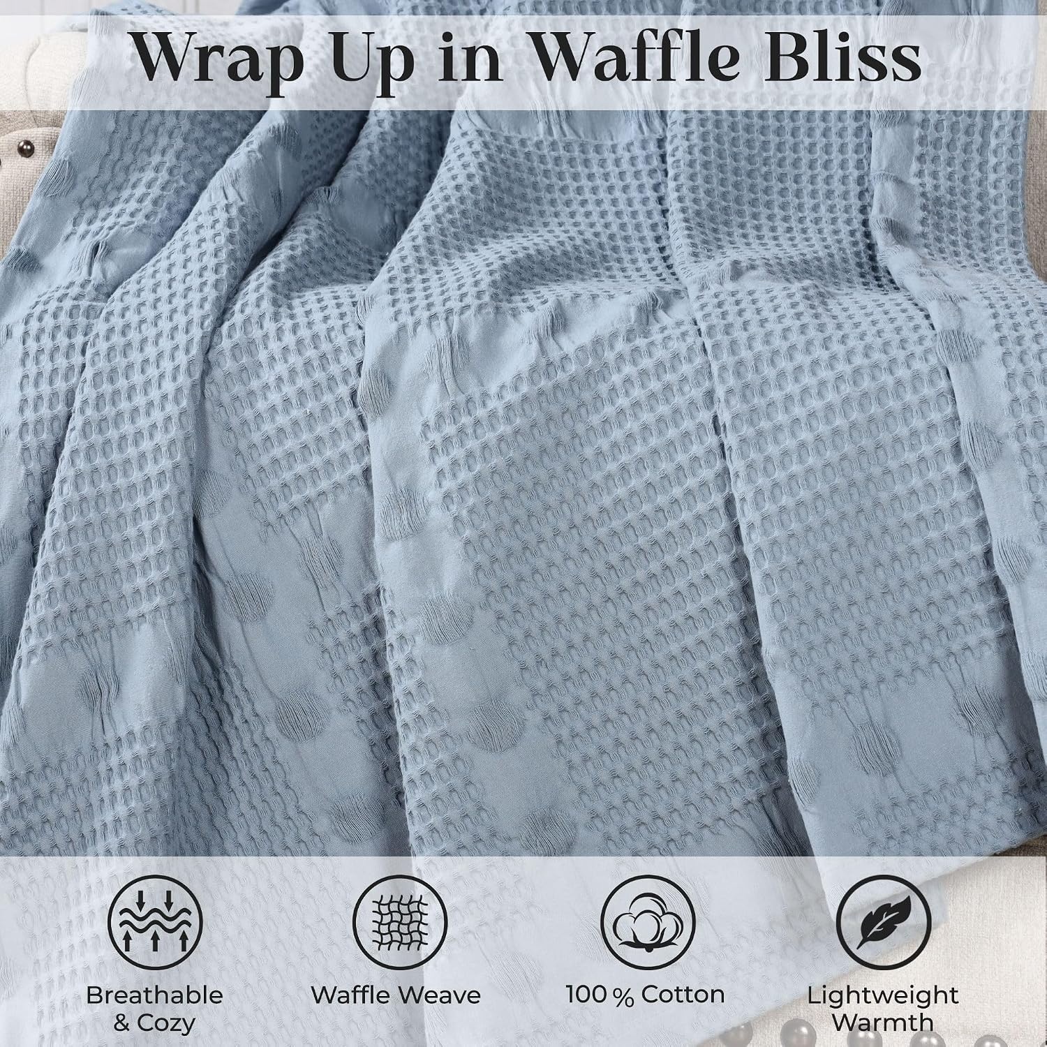image:imageSUPERIOR Waffle Weave Cotton Blanket Comfy Blanket for Bedroom Decor Picnic Beach Traveling Bedding Essentials Bed Cover Couch Lounging Geometric Design Mai Collection Throw PlatinumLight Blue