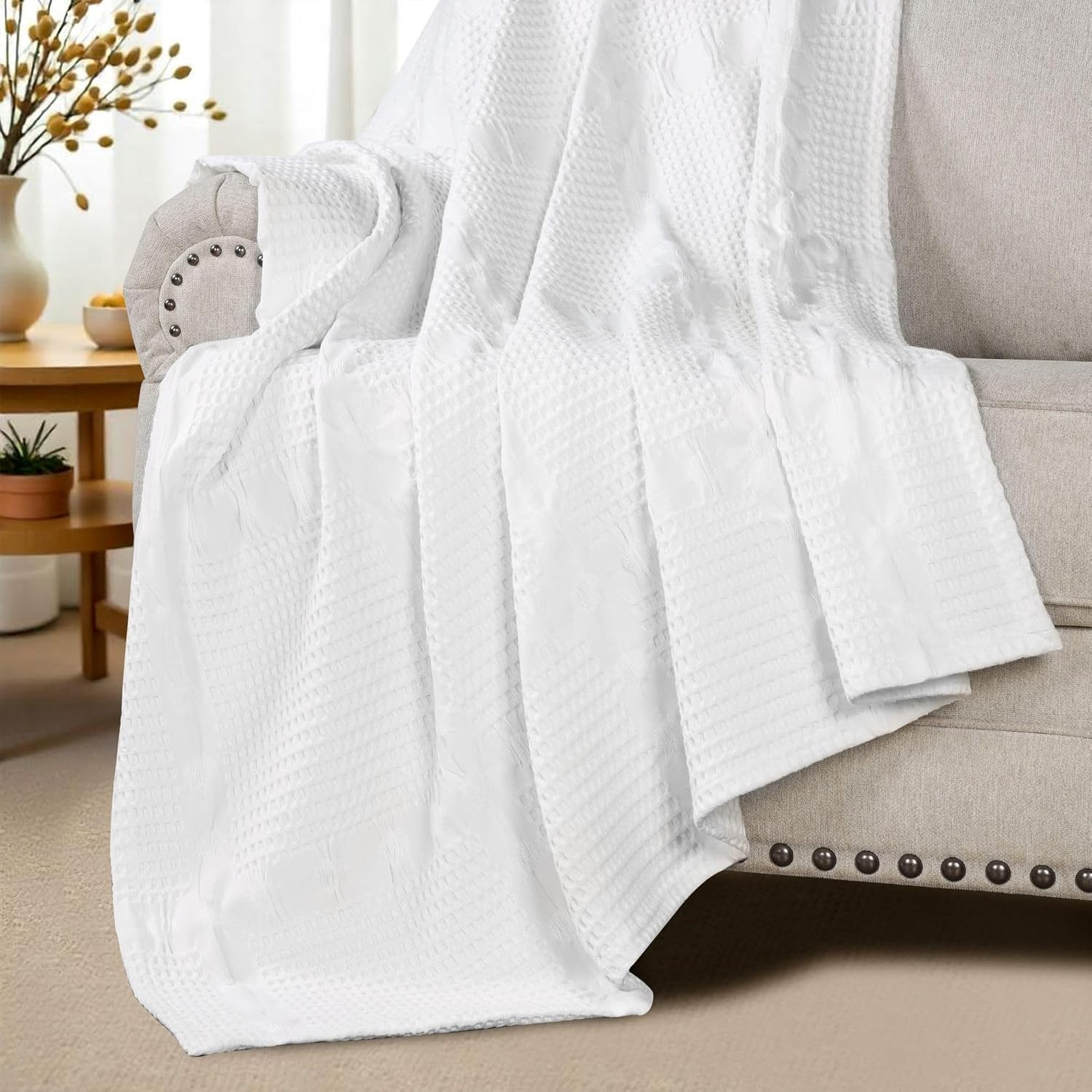 image:imageSUPERIOR Waffle Weave Cotton Blanket Comfy Blanket for Bedroom Decor Picnic Beach Traveling Bedding Essentials Bed Cover Couch Lounging Geometric Design Mai Collection Throw PlatinumWhite