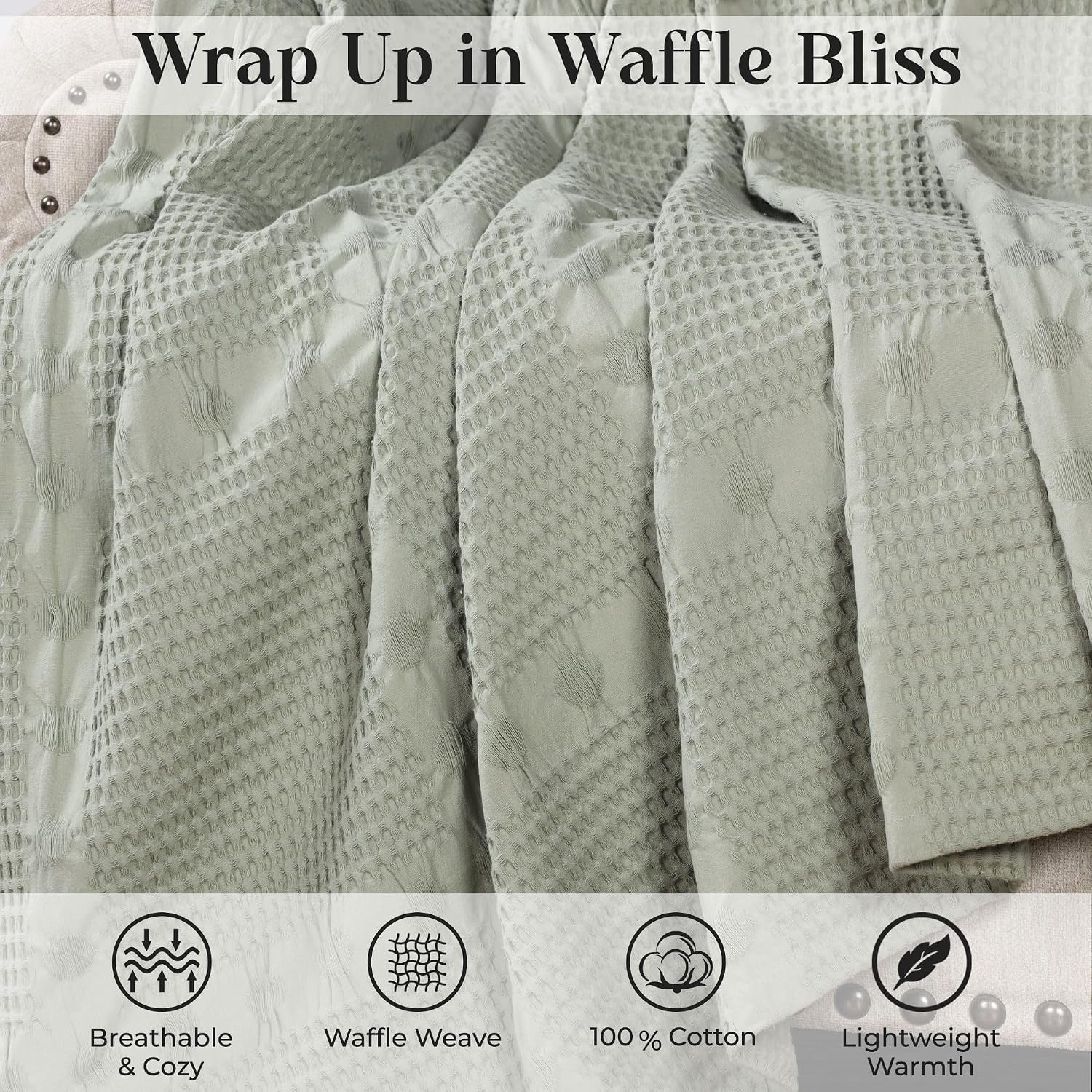 image:imageSUPERIOR Waffle Weave Cotton Blanket Comfy Blanket for Bedroom Decor Picnic Beach Traveling Bedding Essentials Bed Cover Couch Lounging Geometric Design Mai Collection Throw PlatinumSage