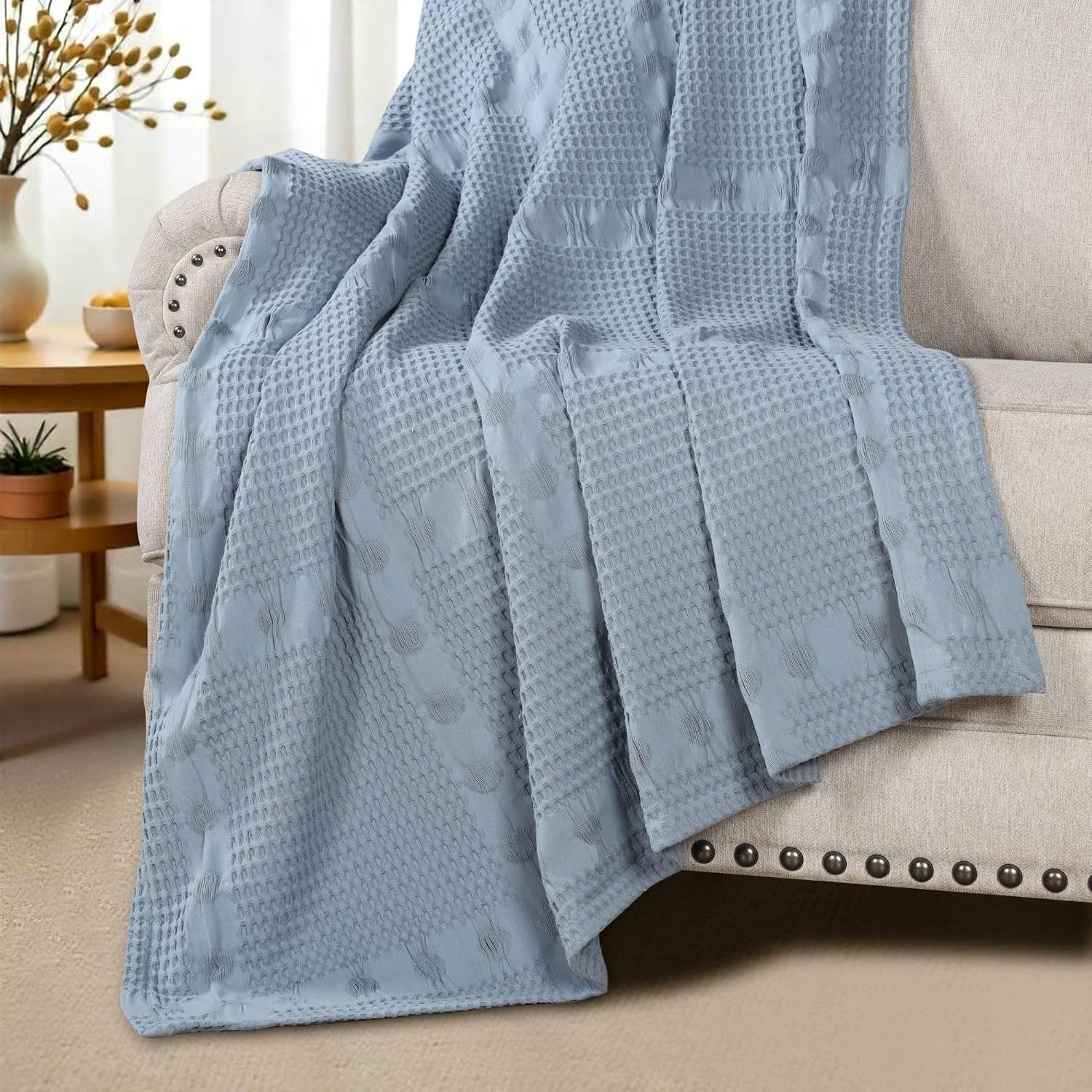 image:imageSUPERIOR Waffle Weave Cotton Blanket Comfy Blanket for Bedroom Decor Picnic Beach Traveling Bedding Essentials Bed Cover Couch Lounging Geometric Design Mai Collection Throw PlatinumLight Blue