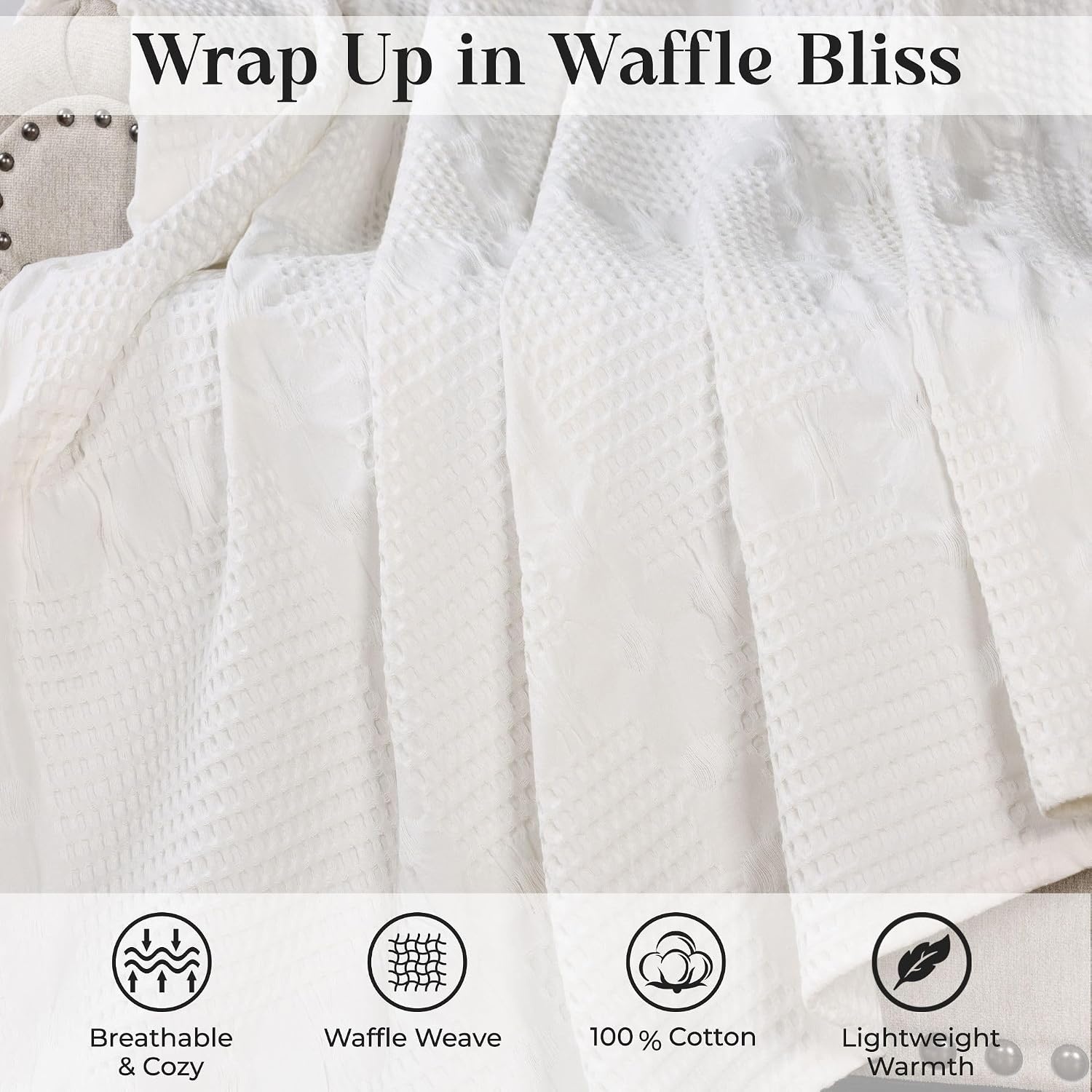 image:imageSUPERIOR Waffle Weave Cotton Blanket Comfy Blanket for Bedroom Decor Picnic Beach Traveling Bedding Essentials Bed Cover Couch Lounging Geometric Design Mai Collection Throw PlatinumWhite