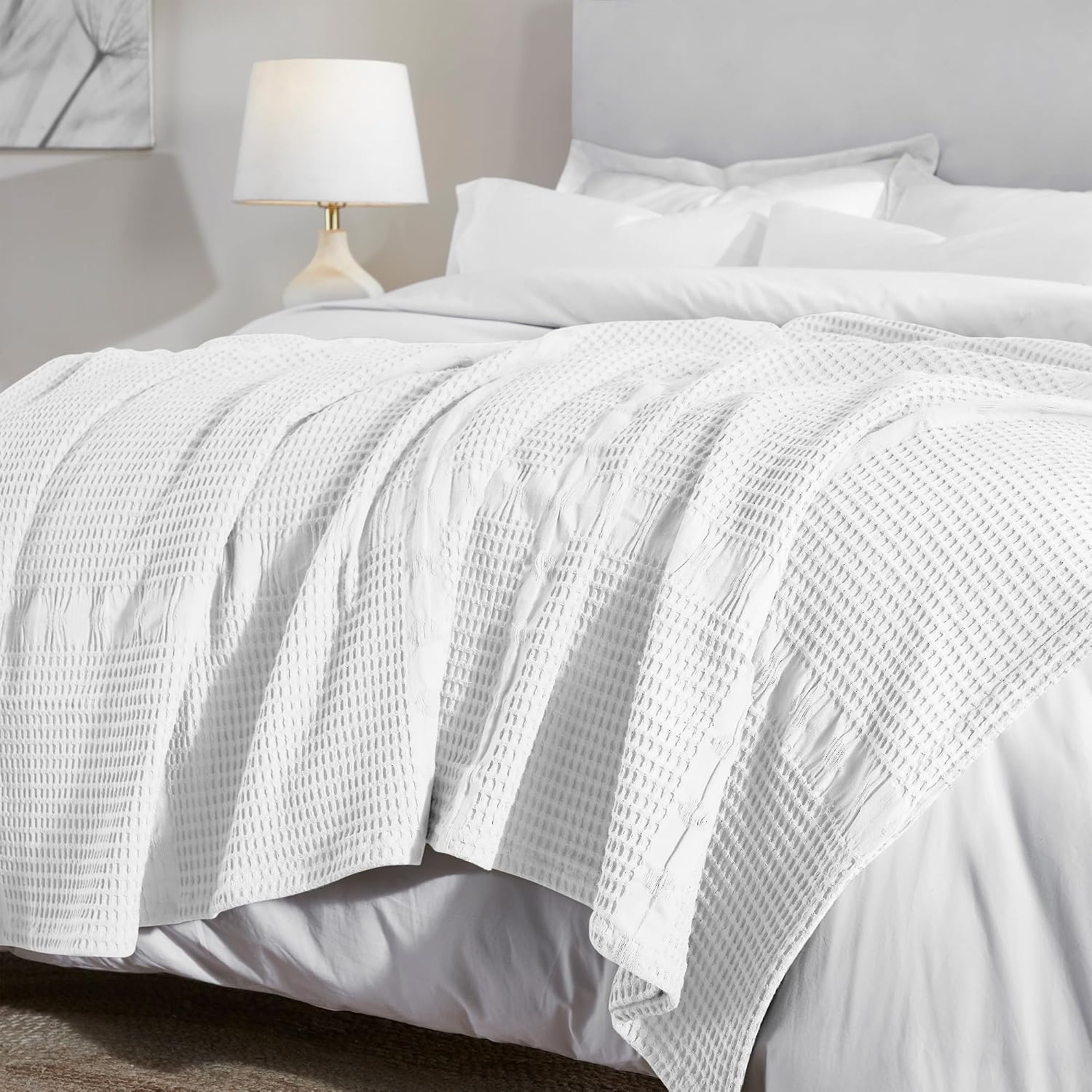 image:imageSUPERIOR Waffle Weave Cotton Blanket Comfy Blanket for Bedroom Decor Picnic Beach Traveling Bedding Essentials Bed Cover Couch Lounging Geometric Design Mai Collection Throw PlatinumWhite