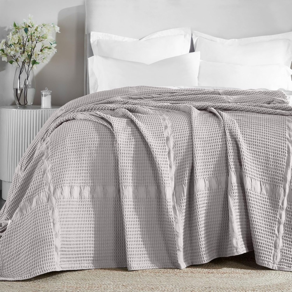 image:imageSUPERIOR Waffle Weave Cotton Blanket Comfy Blanket for Bedroom Decor Picnic Beach Traveling Bedding Essentials Bed Cover Couch Lounging Geometric Design Mai Collection Throw PlatinumPlatinum