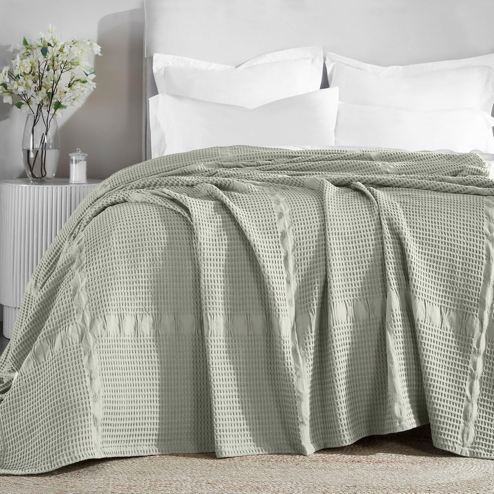image:imageSUPERIOR Waffle Weave Cotton Blanket Comfy Blanket for Bedroom Decor Picnic Beach Traveling Bedding Essentials Bed Cover Couch Lounging Geometric Design Mai Collection Throw PlatinumSage