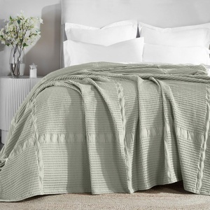 SUPERIOR Waffle Weave Cotton Blanket, Comfy Blanket for Bedroom Decor, Picnic, Beach, Traveling, Bedding Essentials, Bed Cover, Couch, Lounging, Geometric Design, Mai Collection, Throw, Platinum(Sage)